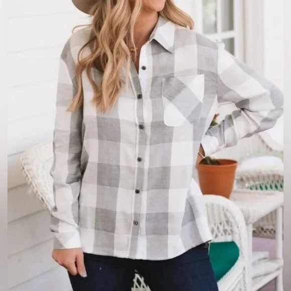 Amaryllis Gray Plaid Flannel Shirt with Crochet Detail - Picture 1 of 9